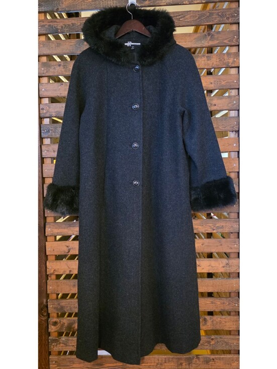 JP 1893 Jackets & Blazers - Vintage JP 1893 Charcoal Gray Wool Hooded Long Coat with Black Faux Fur Trim